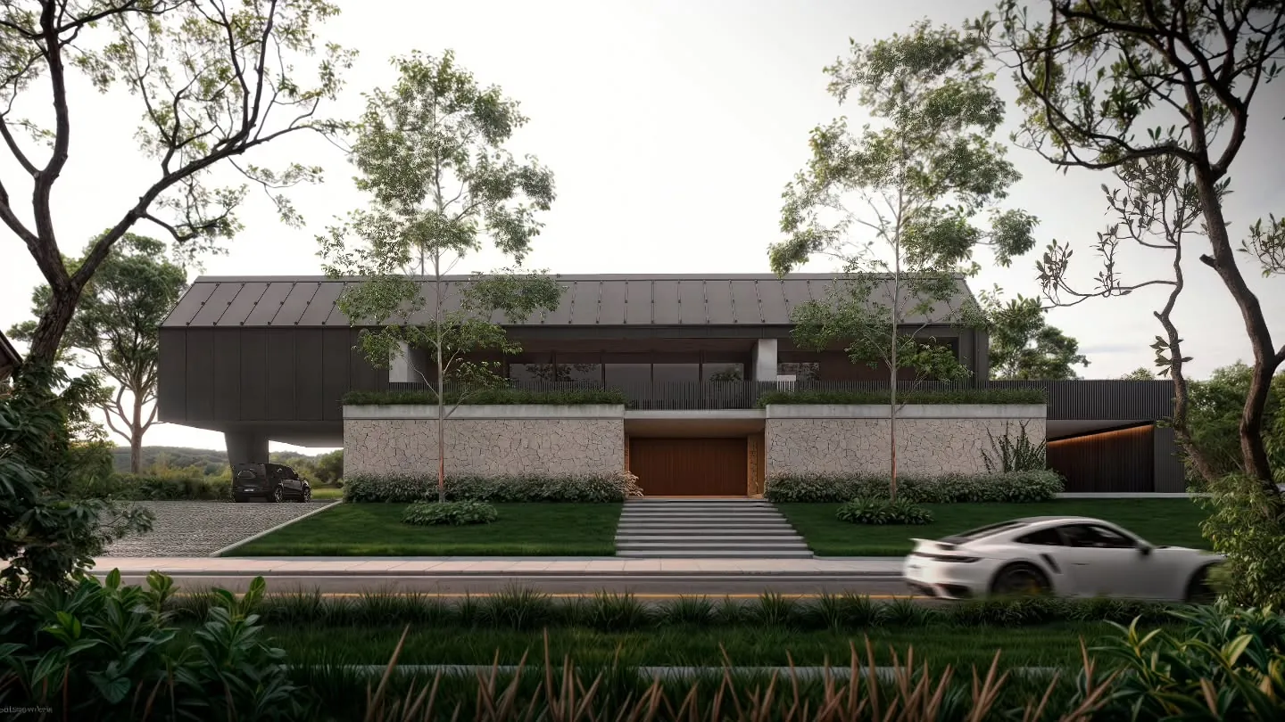 Casa Farm, residência térrea com telhado aparente e jardim